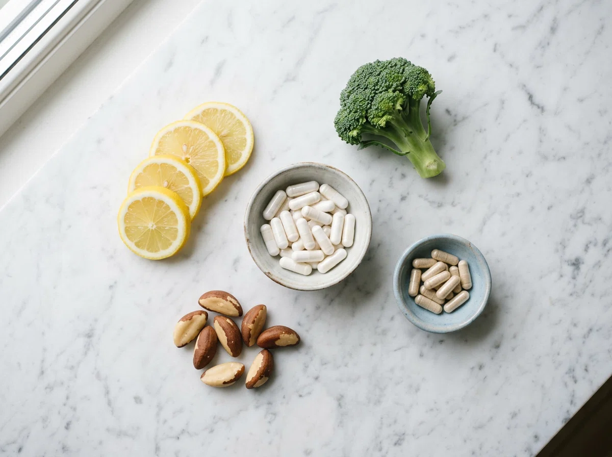 Naturliga ingredienser för kosttillskott - magnesium, citron, paranötter och broccoli på vit marmor