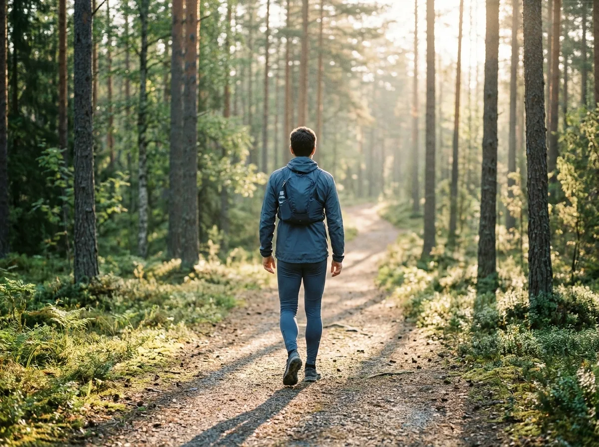 Anonym man som promenerar på nordisk skogsväg - aktiv livsstil och mäns hälsa