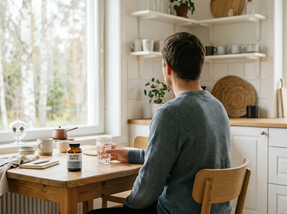 Man vid köksbordet med ett glas vatten och naturliga kosttillskott för mäns välbefinnande